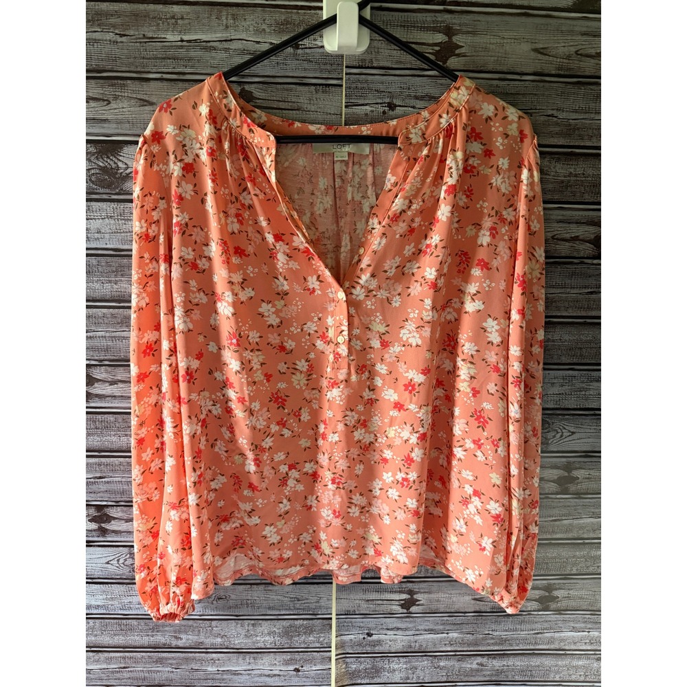 LOFT Women's Long-Sleeved Blouse Size XL Coral Floral V-Neck Henley Button